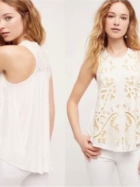 Anthropologie AKEMI + KIN Sleeveless White Crochet-Overlay Tank Top Sz S